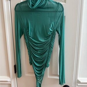 Free People Teal Ruched Mesh Bodysuit